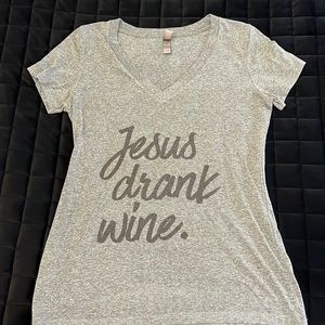 Gray V-neck Tee - “Jesus Drank Wine”